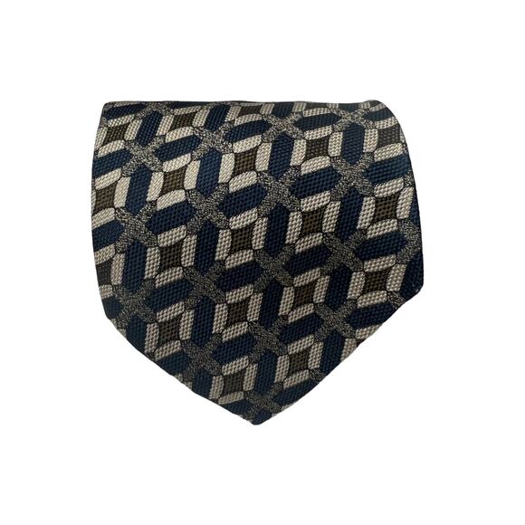 Coach Navy Blue Green Tan Geometric Pattern 100% Silk Neck Tie - Picture 2 of 7